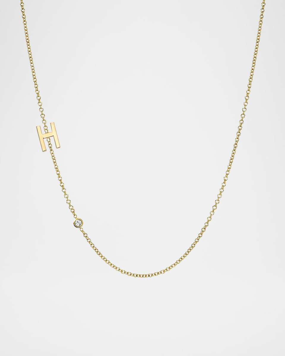 14k Gold Asymmetrical Initial and Bezel Diamond Necklace